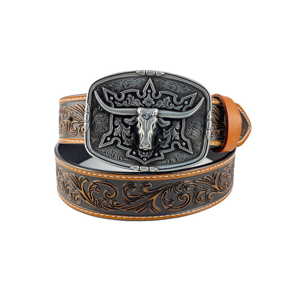 TOPACC Western Genuine Leather Pattern Tooled Belt-Pattern Longhorn Cow Belt Buckle Copper/Bronze