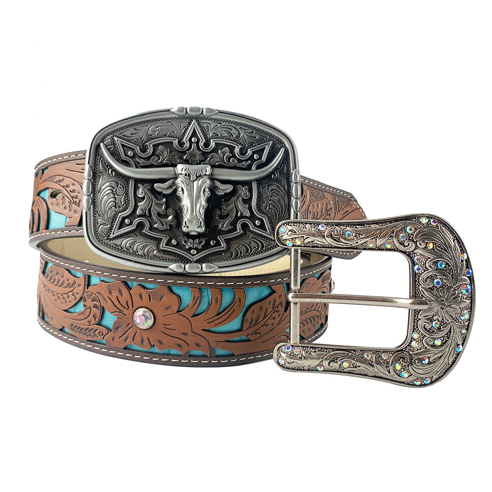 TOPACC Western Turquoise Belts - Pattern Longhorn Cow Belt Buckle Copper/Bronze