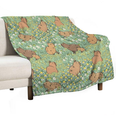 Capybaras Meadow in Green And Yellow Eco-conscious Throw Blanket