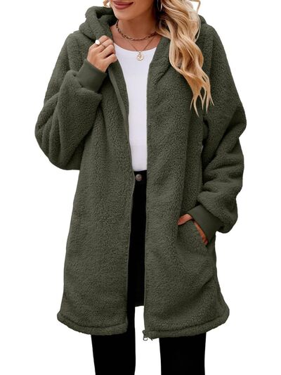 Comfortable Fuzzy Pocketed Zip-Up Long Sleeve Hooded Jacket Cozy & Warm Soft Outerwear For Winter