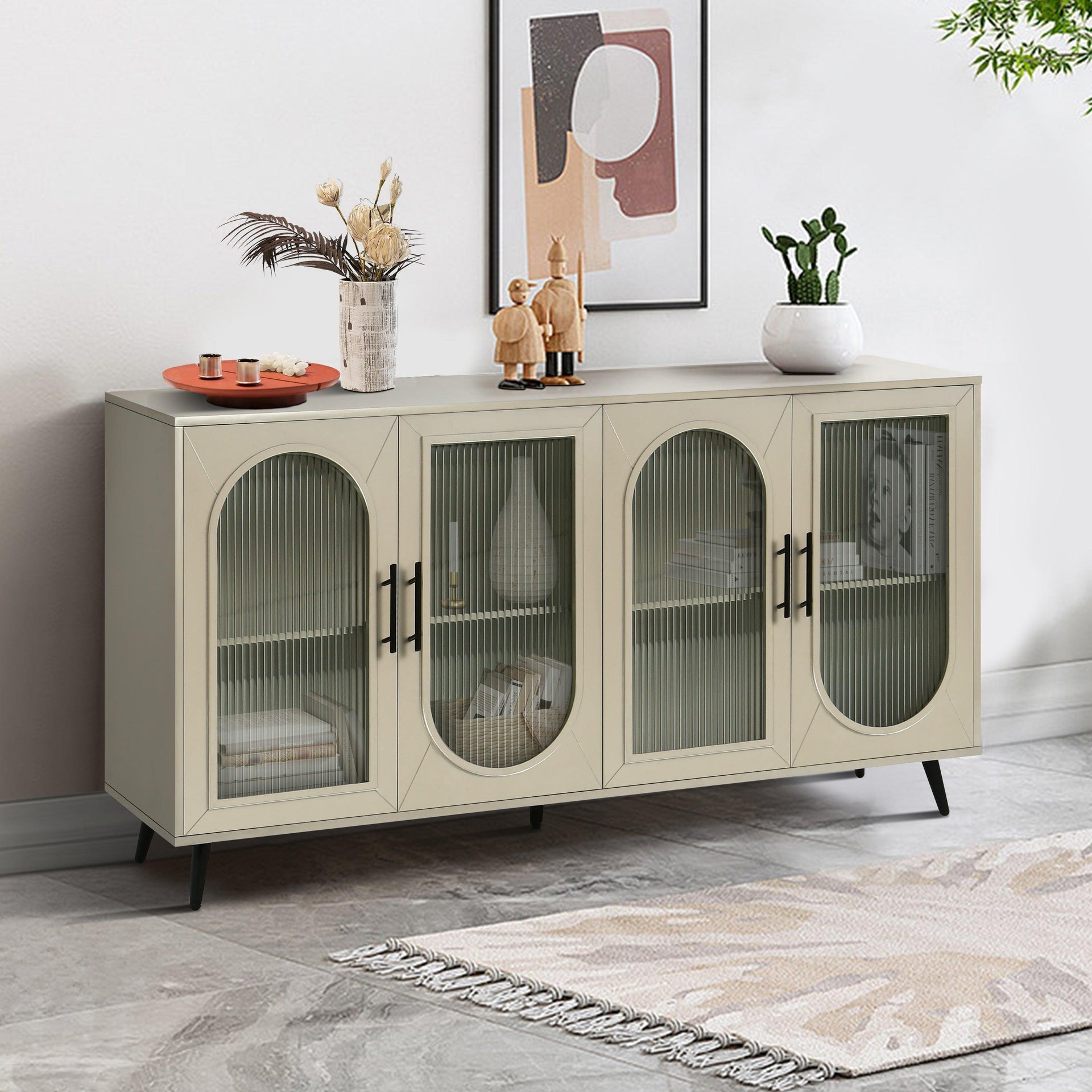 Wood TV Stand with Storage Cabinet & Adjustable Shelves