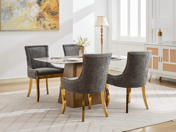 Chenille Dining Chairs Modern Style with Curved Gold-Plated Legs & Rivet Trim