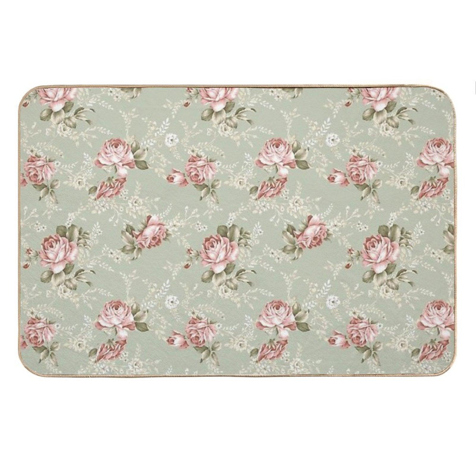 Vintage Blush Roses - Sage Green Background Bath Mat