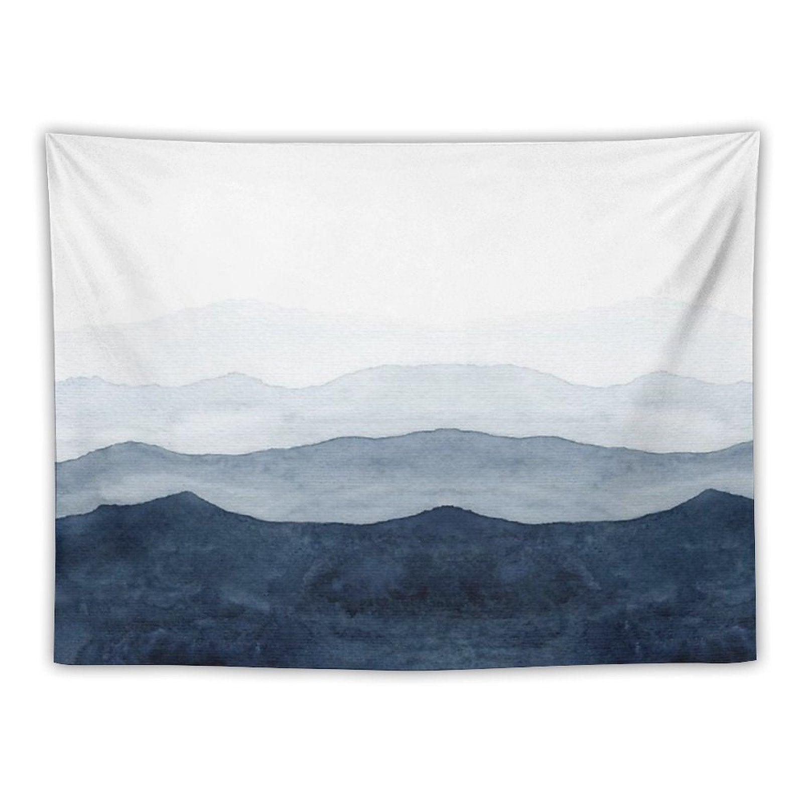 Mountains Ombre  Indigo Abstract Watercolor Tapestry