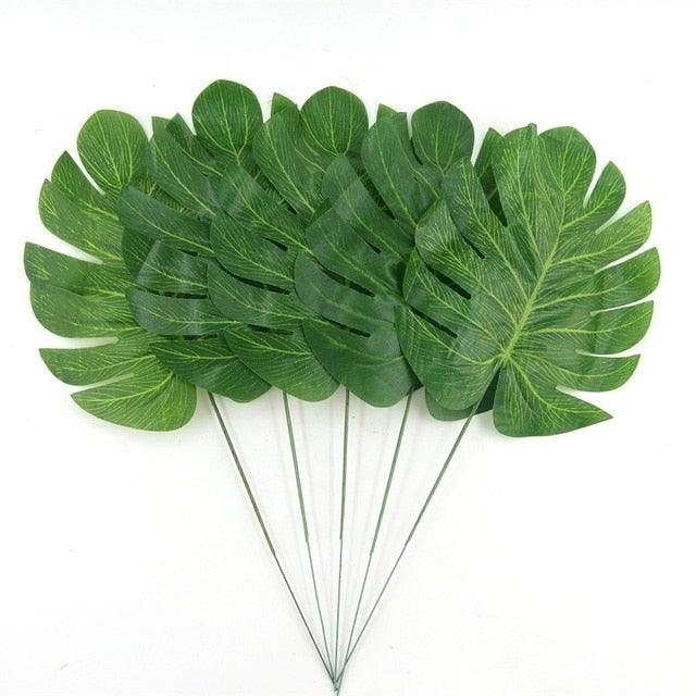 12Pcs 2Kind Large Artificial Fake Monstera Palm Leaves Green Plastic Leaf Wedding Decoration Flowers