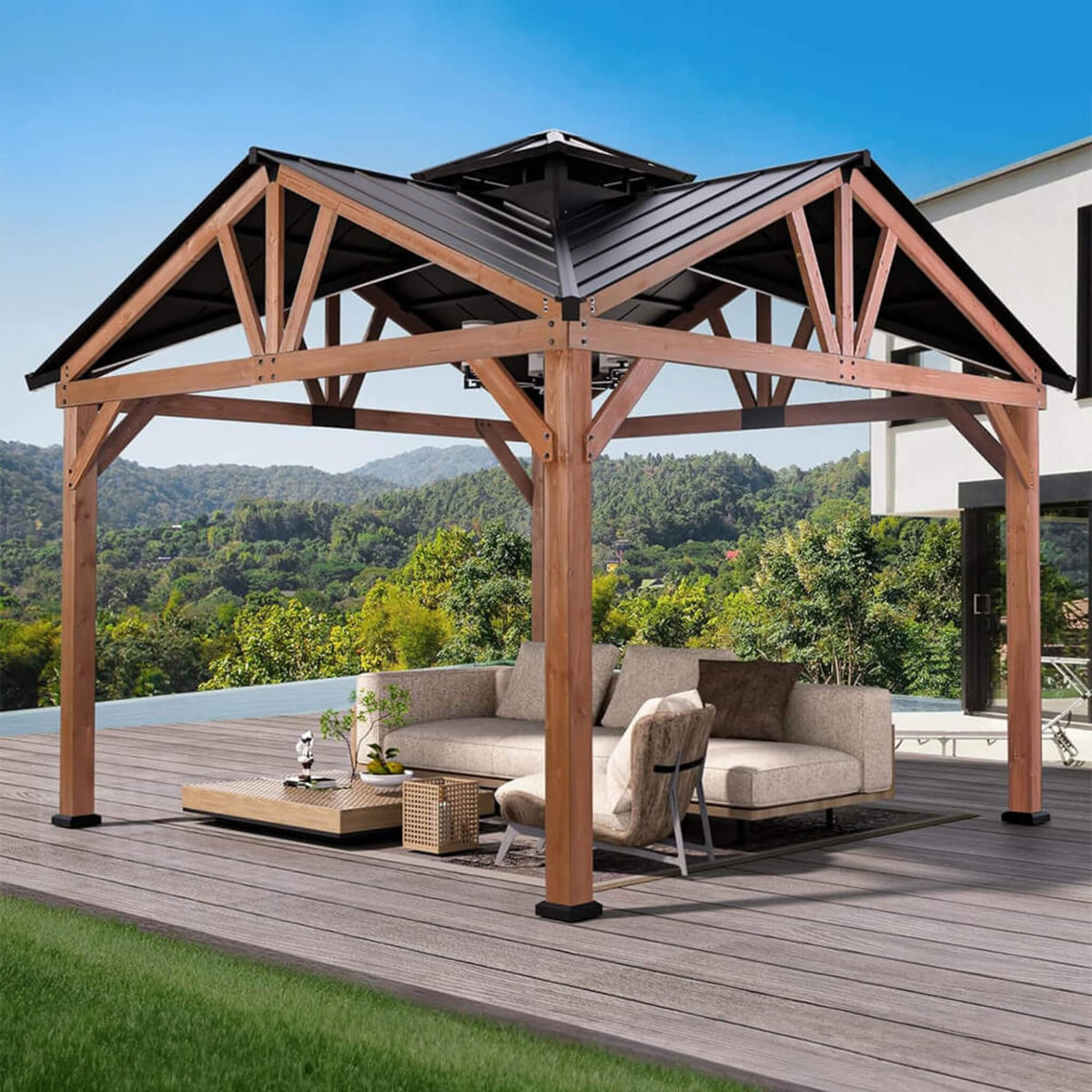[12X12FT] Premium Outdoor Cedar Wood Hardtop Gazebo With Galvanized Steel Roof (SAK31864)