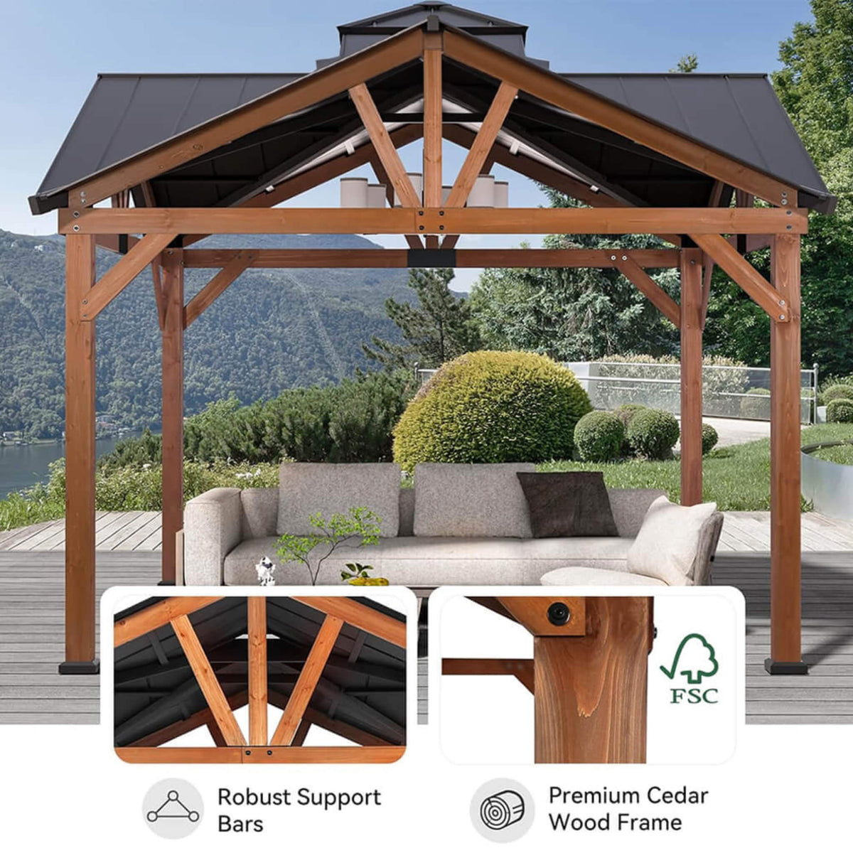 [12X12FT] Premium Outdoor Cedar Wood Hardtop Gazebo With Galvanized Steel Roof (SAK31864)