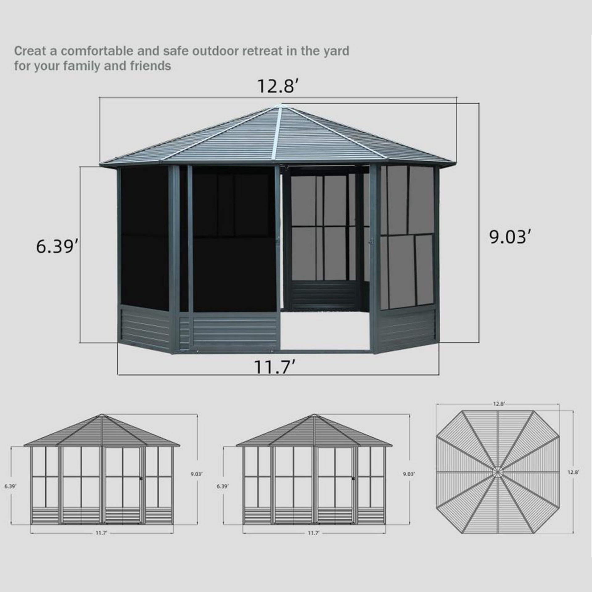 [12X12FT] Large Octagonal Sunroom Solarium With Lockable Sliding Doors And Galvanized Steel Sloping Roof (SAK47843)