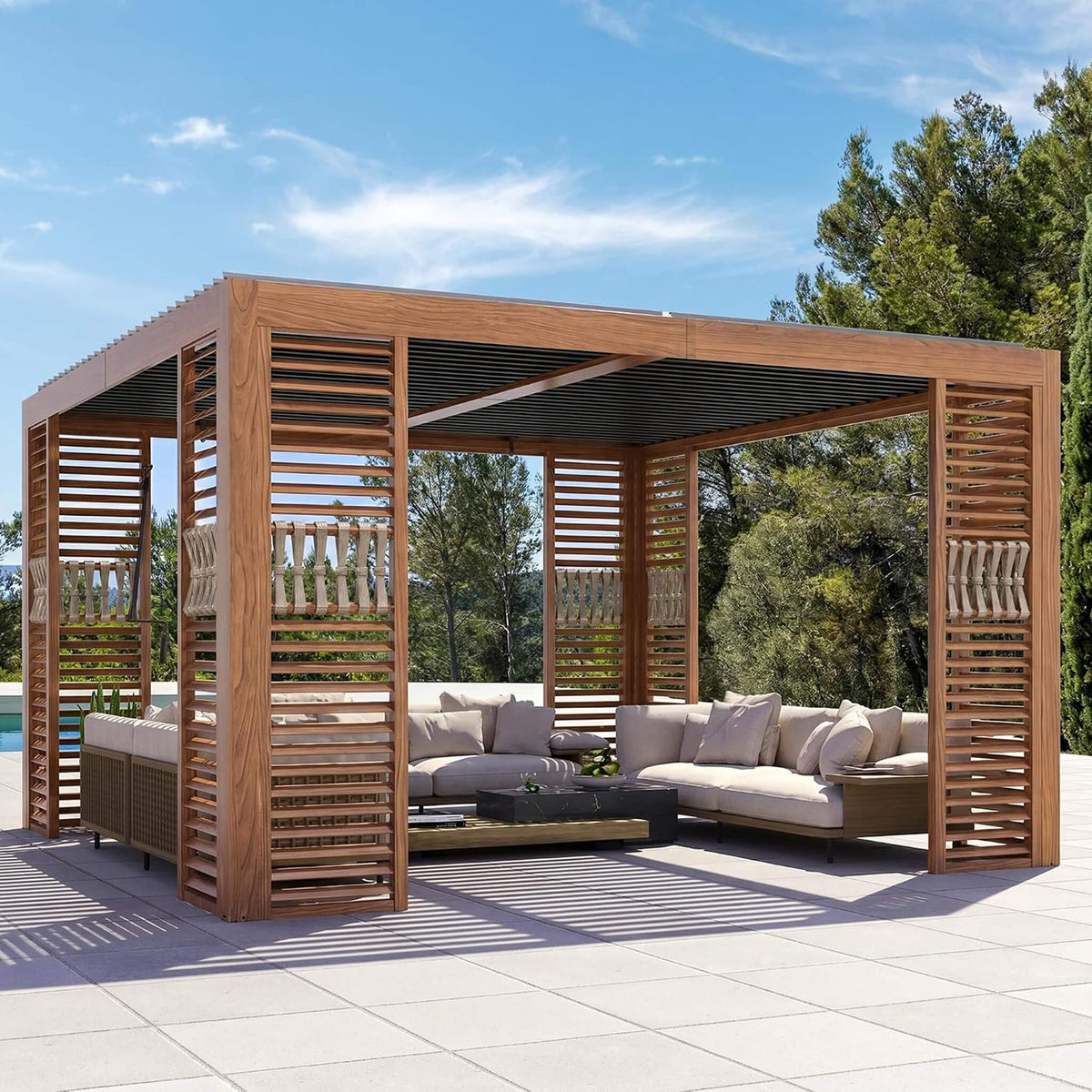 [12X12FT] Premium Outdoor Wood Grain Louvered Pergola With Integrated Drainage (SAK74256)