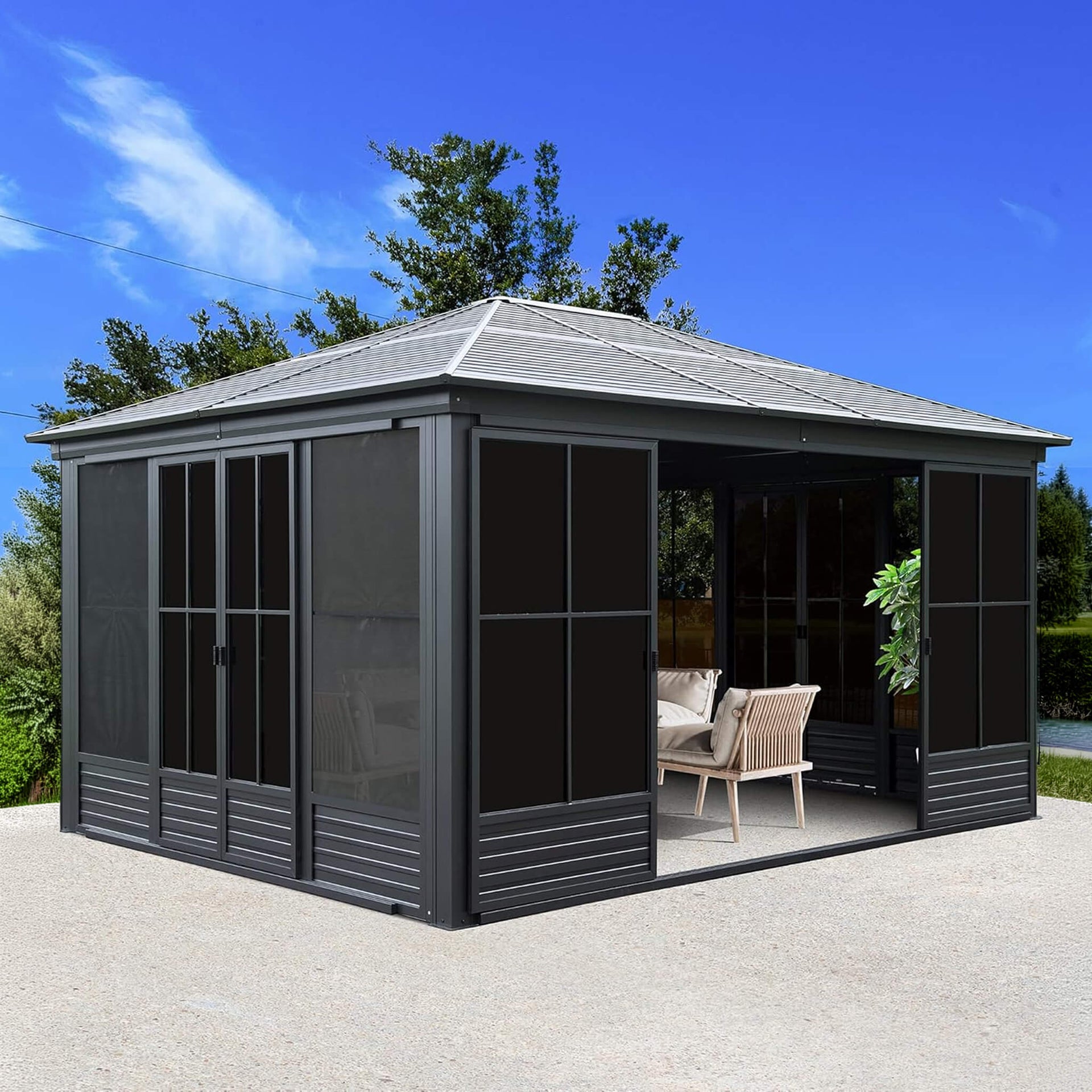 [12X14FT] Serenity Premium All-Weather Outdoor Aluminum Sunroom With Galvanized Steel Hardtop Sloping Roof, Lockable Doors, And Moveable PC Screens (SAK76831)