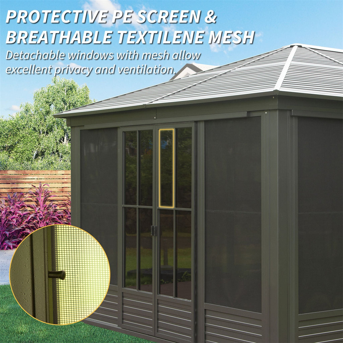 [12X14FT] Serenity Premium All-Weather Outdoor Aluminum Sunroom With Galvanized Steel Hardtop Sloping Roof, Lockable Doors, And Moveable PC Screens (SAK76831)