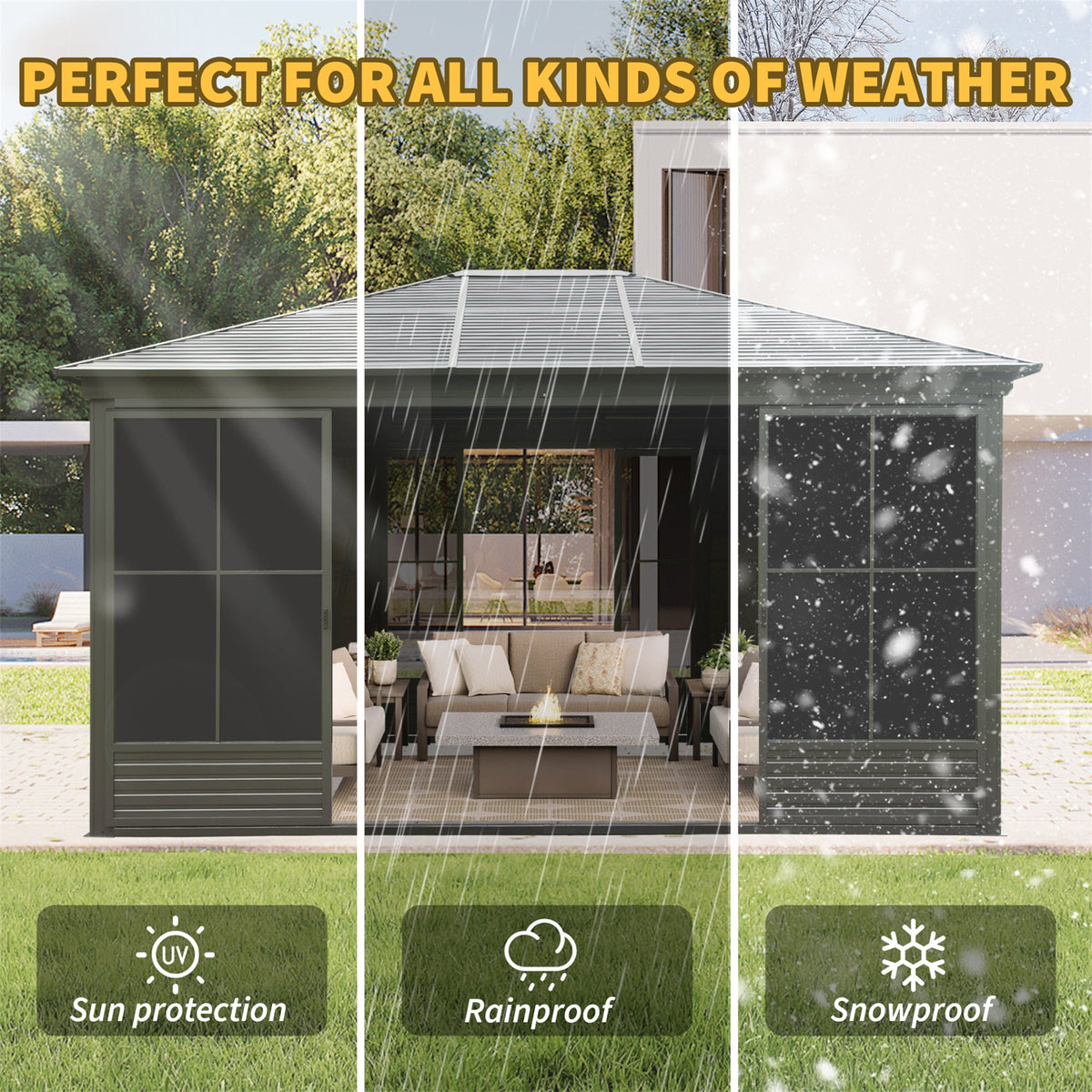[12X14FT] Serenity Premium All-Weather Outdoor Aluminum Sunroom With Galvanized Steel Hardtop Sloping Roof, Lockable Doors, And Moveable PC Screens (SAK76831)