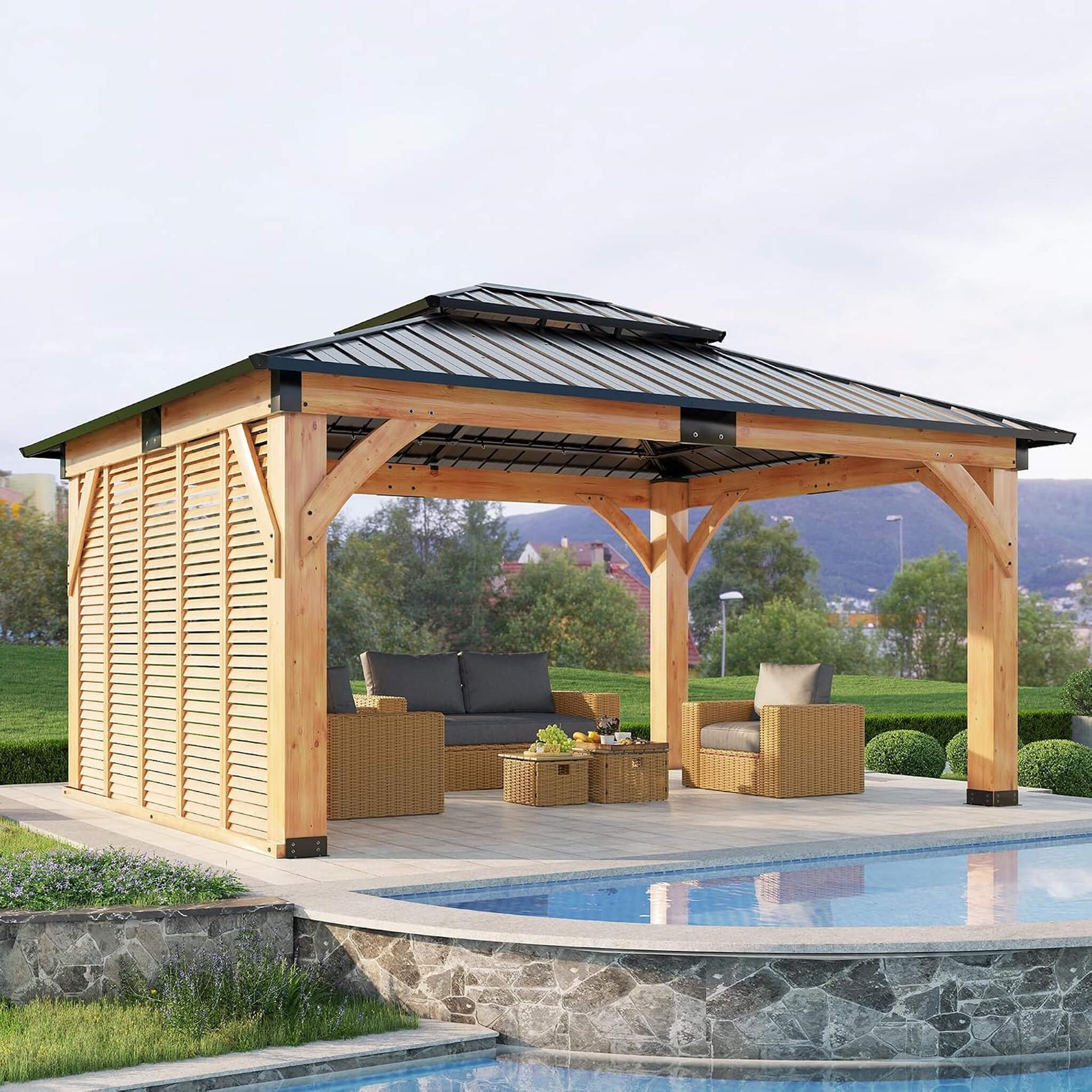 [12X14FT] Modern Double-Tier Hardtop Spruce Wood Gazebo With Built-In Privacy Wall & Ceiling Hooks (SAK75086)