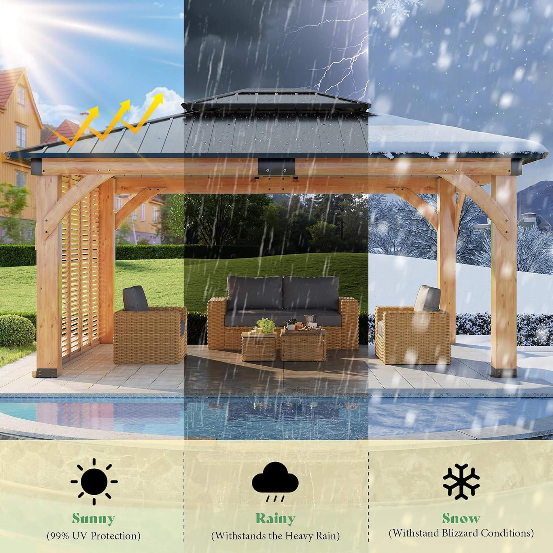 [12X14FT] Modern Double-Tier Hardtop Spruce Wood Gazebo With Built-In Privacy Wall & Ceiling Hooks (SAK75086)