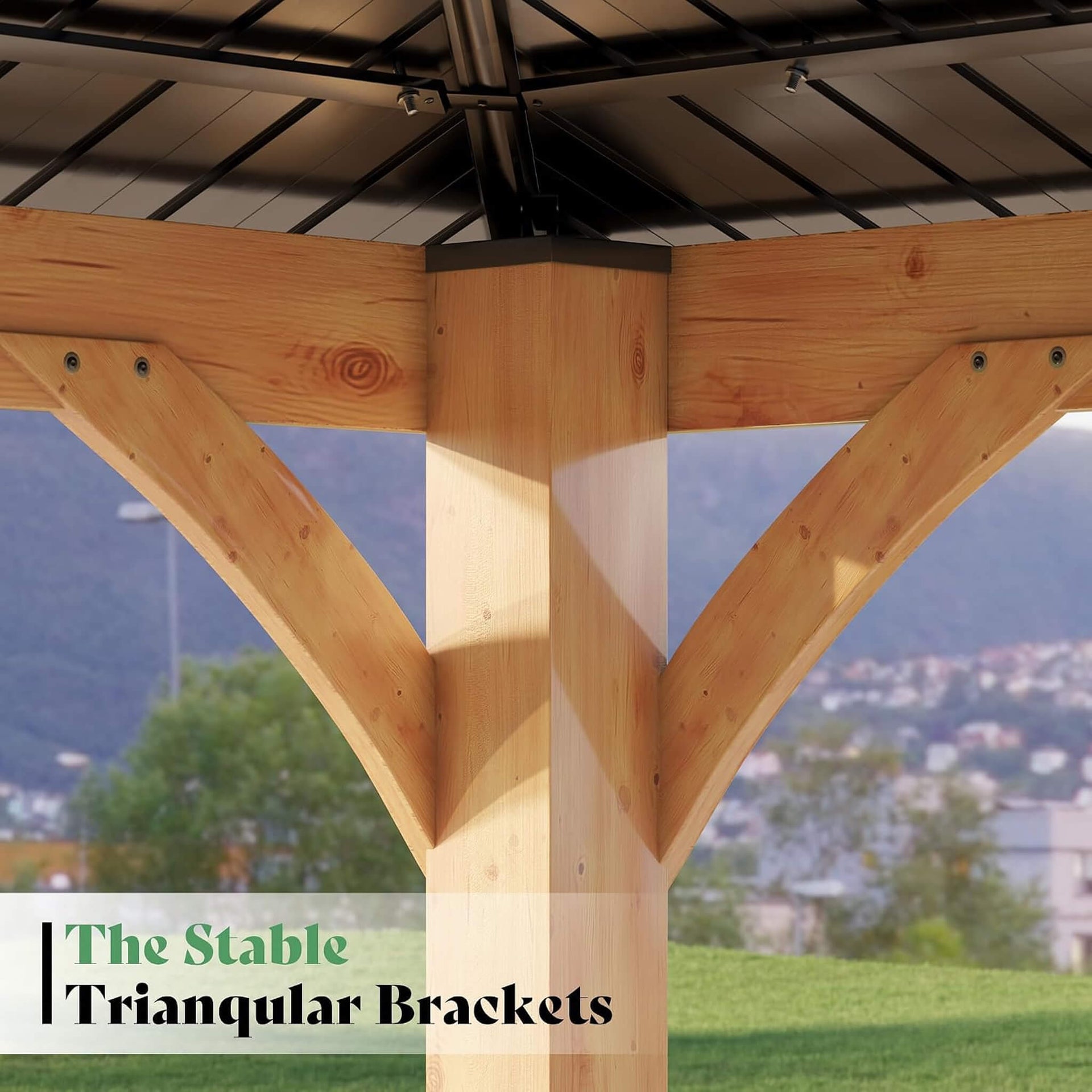 [12X14FT] Modern Double-Tier Hardtop Spruce Wood Gazebo With Built-In Privacy Wall & Ceiling Hooks (SAK75086)
