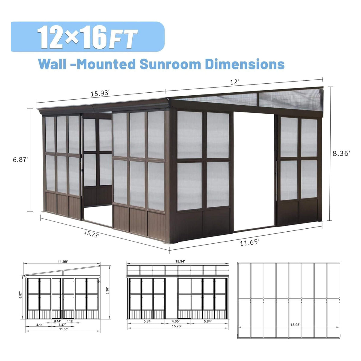 [12X16FT] Pavilion Extra-Large All-Season Outdoor Wall-Mounted Sunroom Solarium With Detachable Polycarbonate Windows And Lockable Sliding Doors (SAK97835)