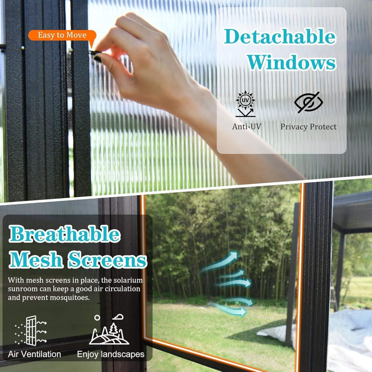 [12X16FT] Pavilion Extra-Large All-Season Outdoor Wall-Mounted Sunroom Solarium With Detachable Polycarbonate Windows And Lockable Sliding Doors (SAK97835)