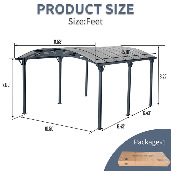 [12X16FT] Large Outdoor Aluminum Arch Carport With Polycarbonate Panels (SAK65820)