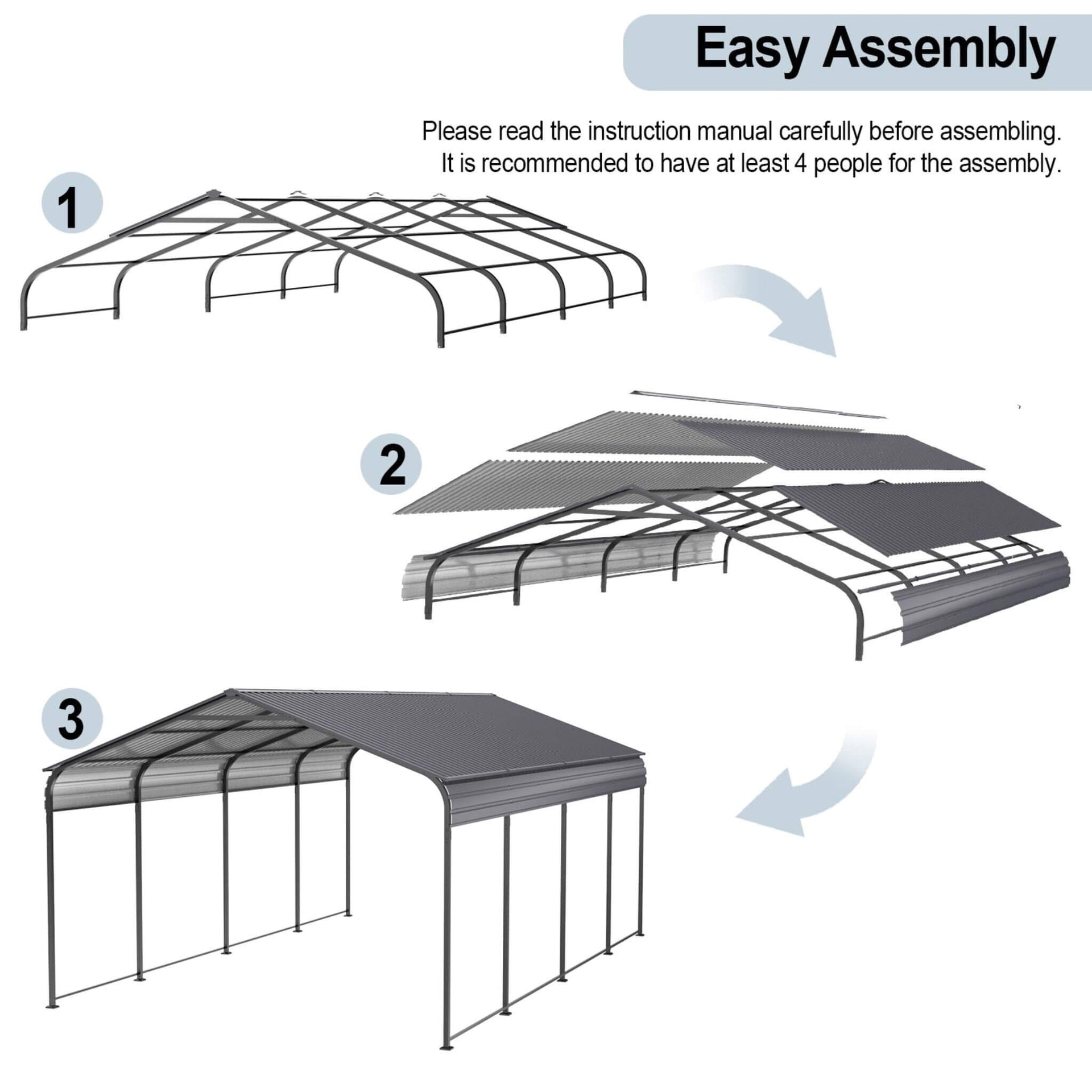 [12X20FT] Heavy-Duty Metal Carport With Galvanized Steel Roof For Car, Boats And Trucks, Gray (SAK95562)