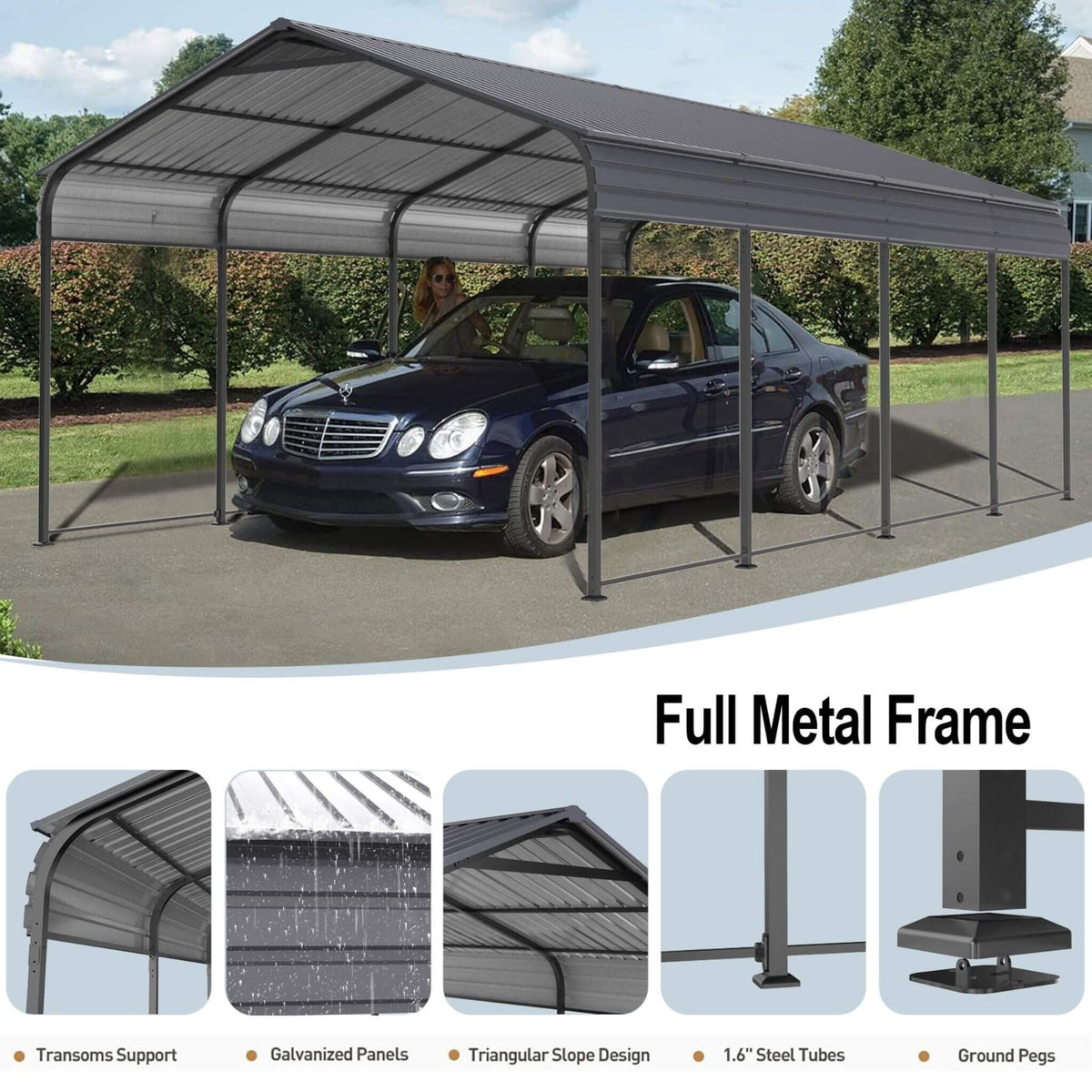 [12X20FT] Heavy-Duty Metal Carport With Galvanized Steel Roof For Car, Boats And Trucks, Gray (SAK95562)