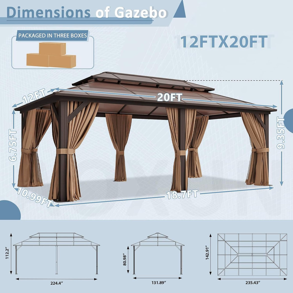 [12X20FT] Premium Aluminum Outdoor Polycarbonate Hardtop Gazebo With Netting & Curtains (SAK36580)