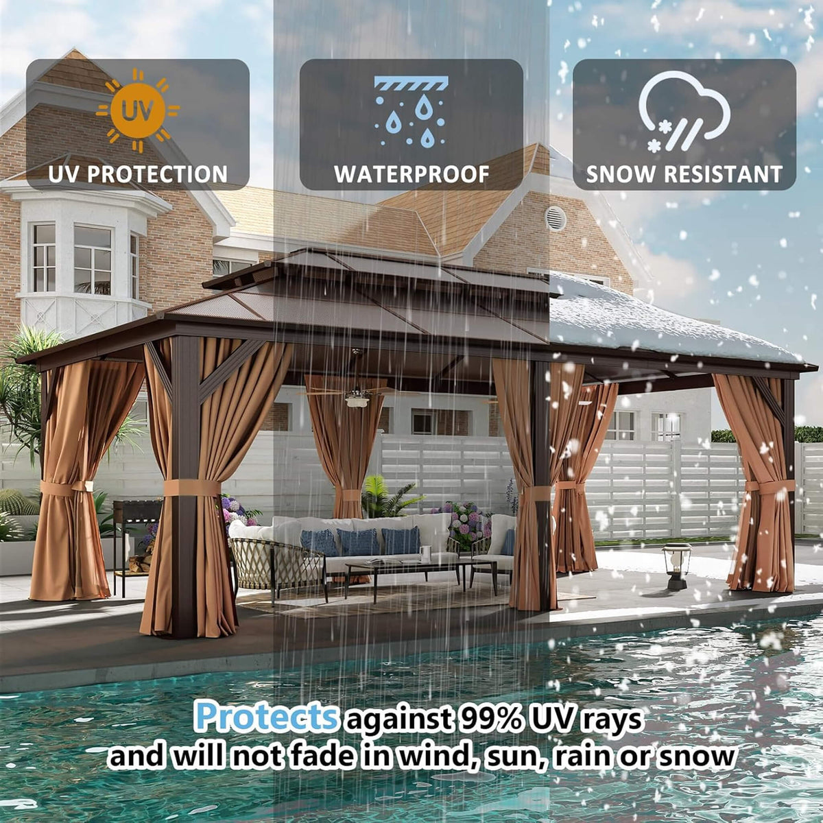 [12X20FT] Premium Aluminum Outdoor Polycarbonate Hardtop Gazebo With Netting & Curtains (SAK36580)