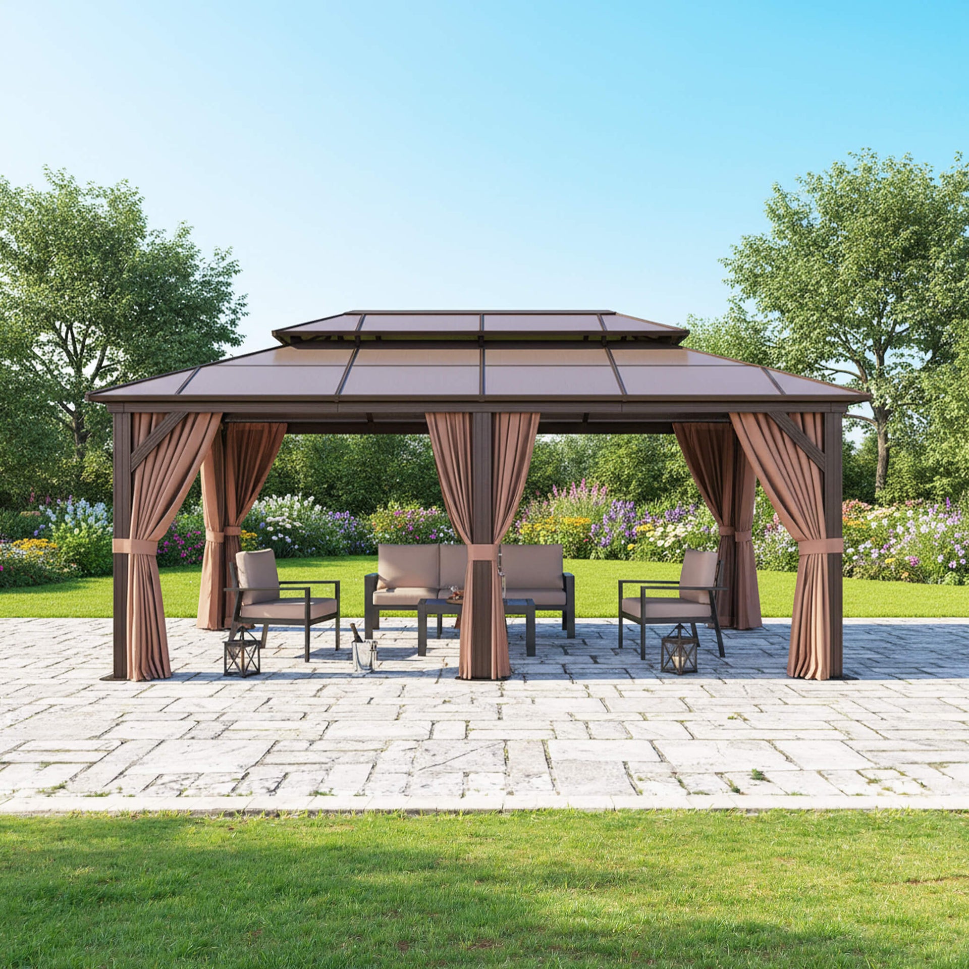 [12X20FT] Premium Aluminum Outdoor Polycarbonate Hardtop Gazebo With Netting & Curtains (SAK36580)