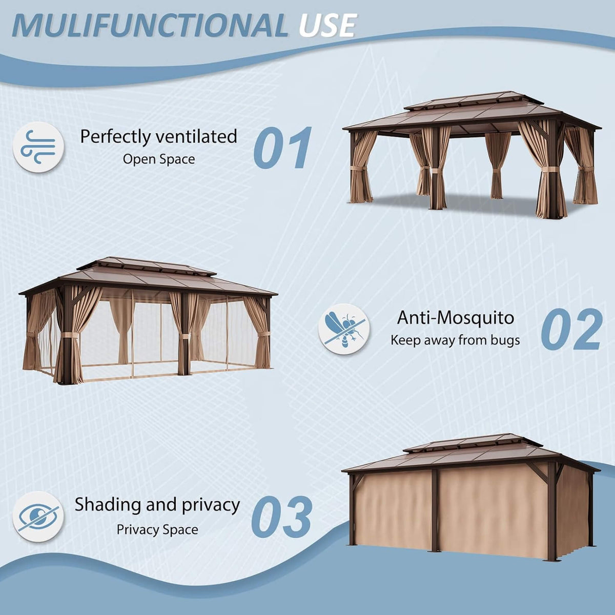 [12X20FT] Premium Aluminum Outdoor Polycarbonate Hardtop Gazebo With Netting & Curtains (SAK36580)