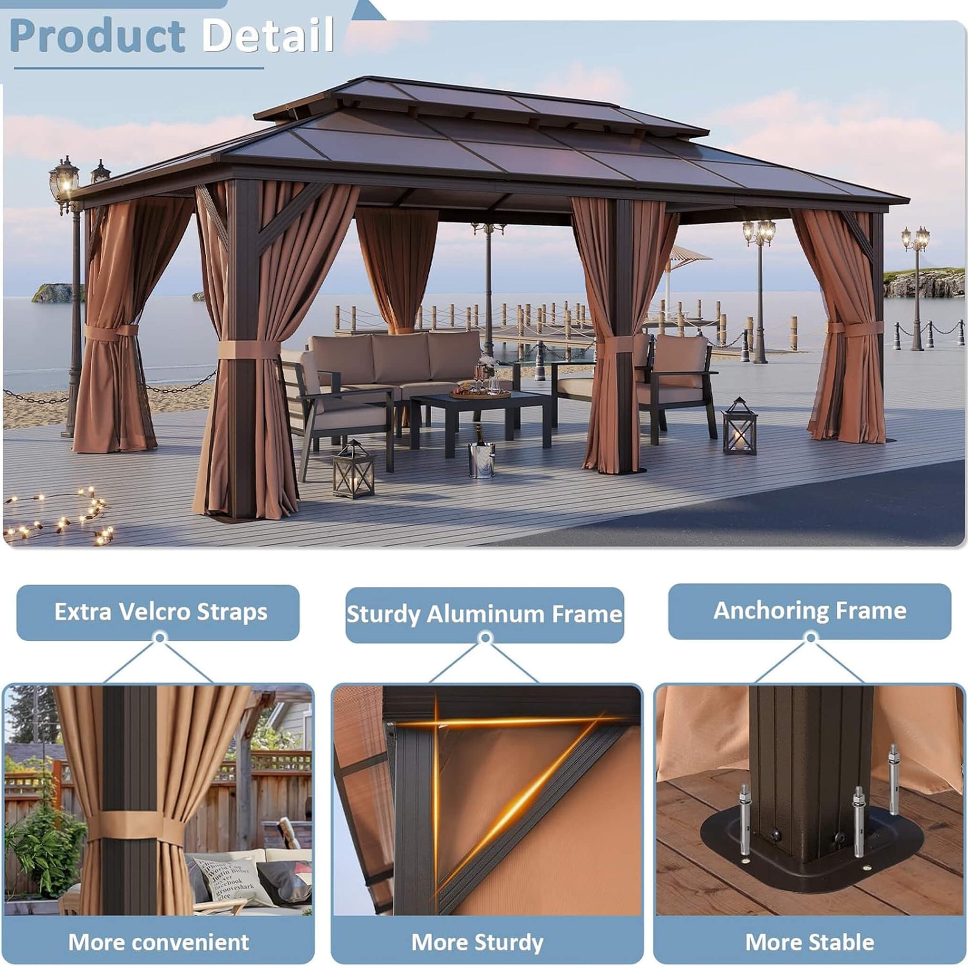 [12X20FT] Premium Aluminum Outdoor Polycarbonate Hardtop Gazebo With Netting & Curtains (SAK36580)