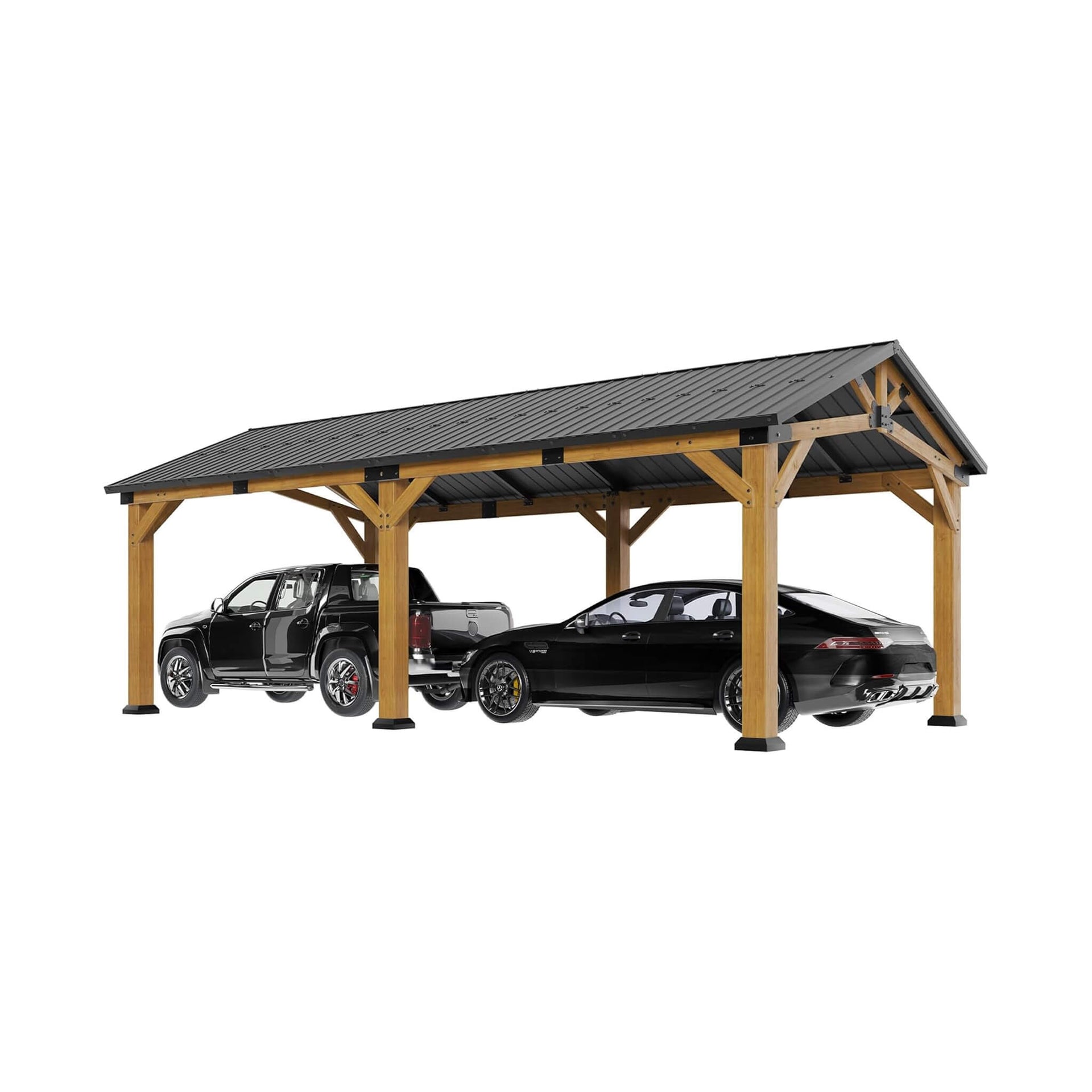 [12X24FT] Large Heavy-Duty Outdoor Cedar Wood Hardtop Carport With Galvanized Steel Roof (SAK48392)