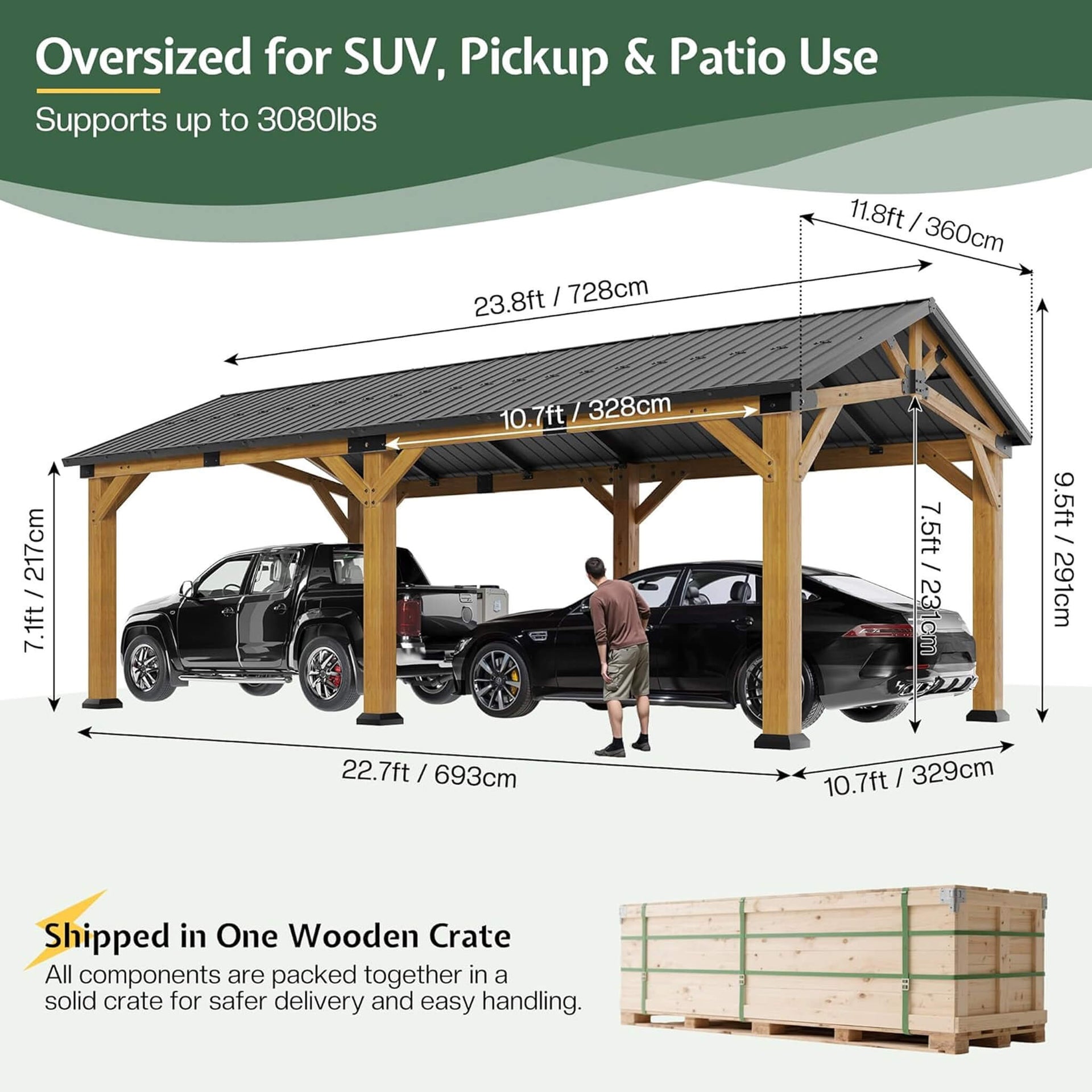 [12X24FT] Large Heavy-Duty Outdoor Cedar Wood Hardtop Carport With Galvanized Steel Roof (SAK48392)