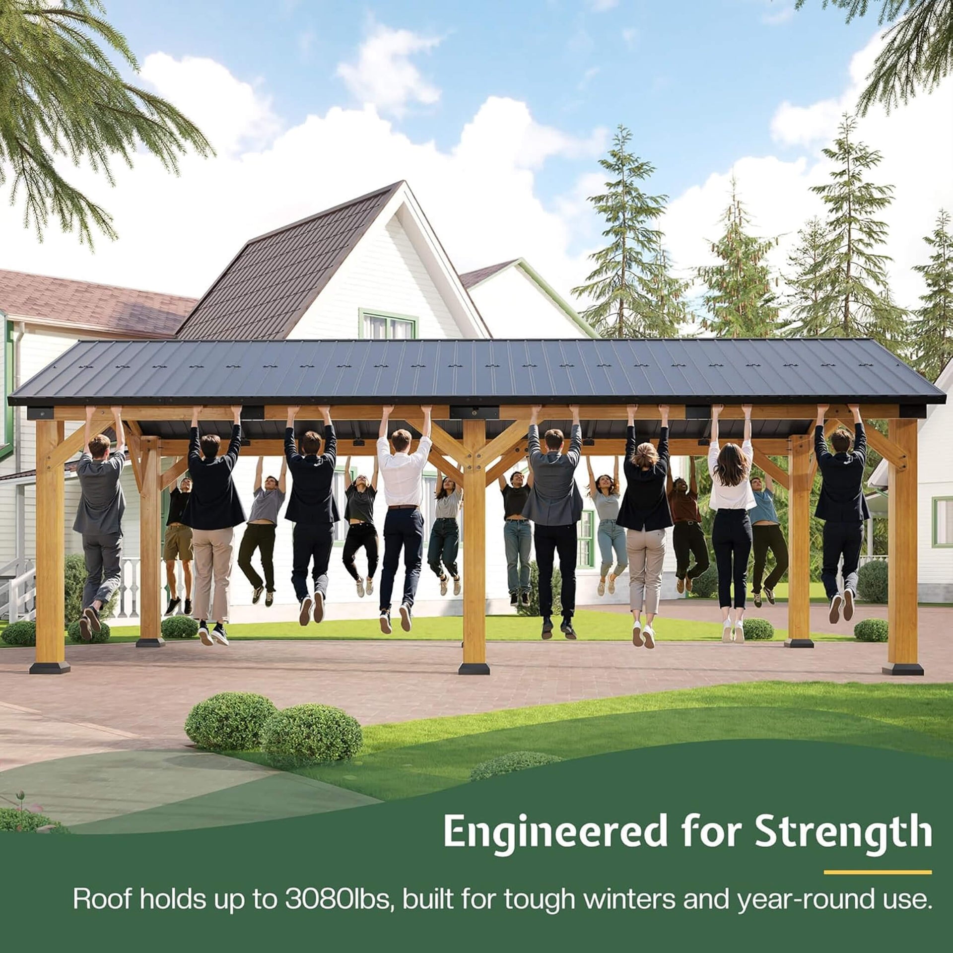 [12X24FT] Large Heavy-Duty Outdoor Cedar Wood Hardtop Carport With Galvanized Steel Roof (SAK48392)