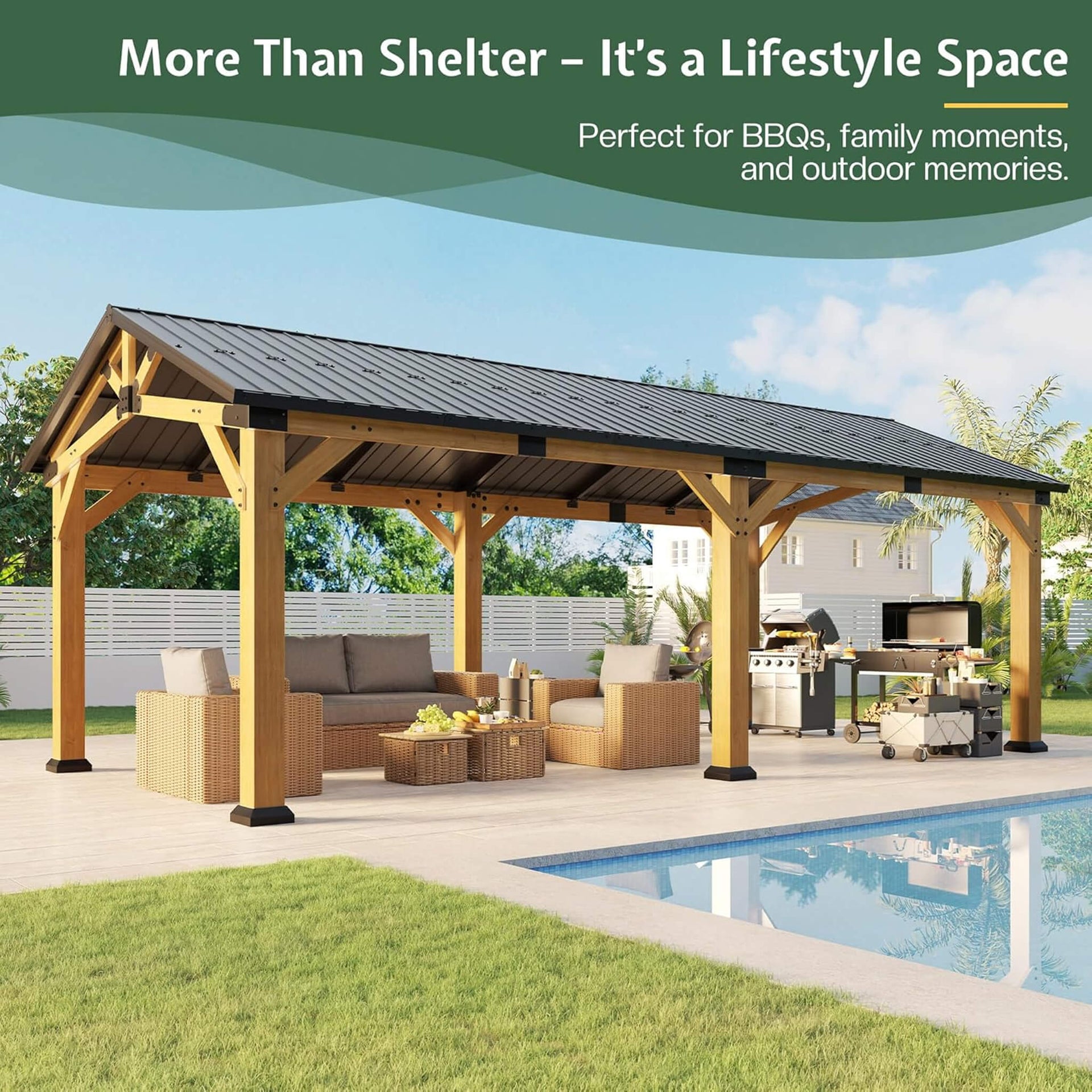 [12X24FT] Large Heavy-Duty Outdoor Cedar Wood Hardtop Carport With Galvanized Steel Roof (SAK48392)