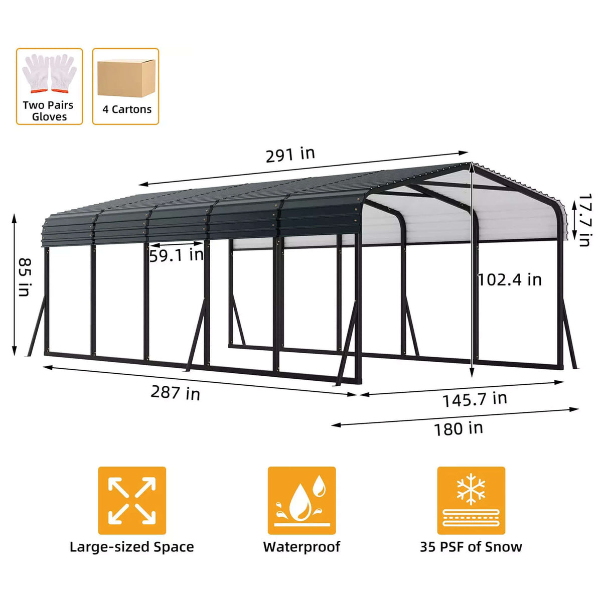 [12X24FT] Large Heavy-Duty Outdoor Metal Carport Kit With Galvanized Steel Roof (SAK53849)