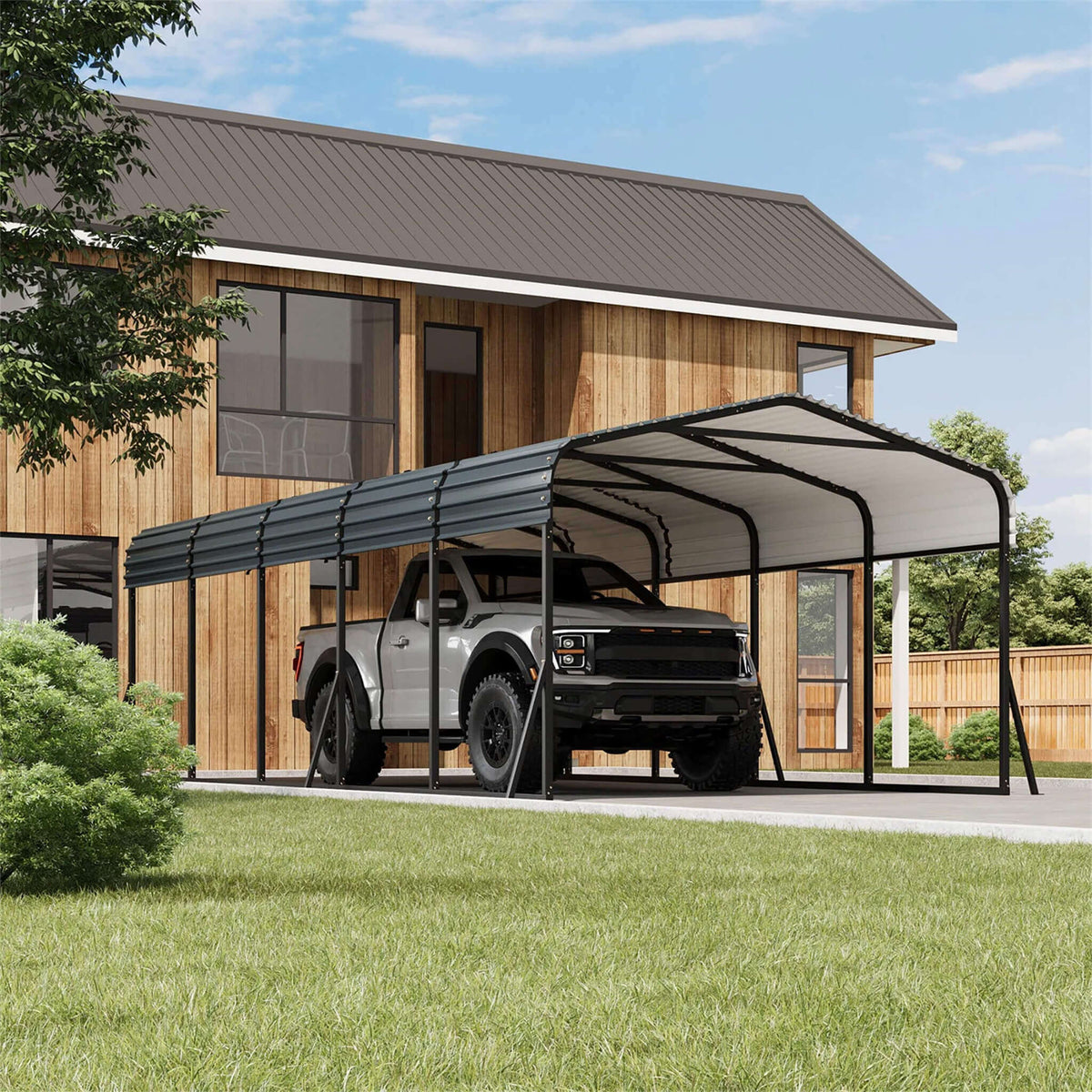 [12X24FT] Large Heavy-Duty Outdoor Metal Carport Kit With Galvanized Steel Roof (SAK53849)