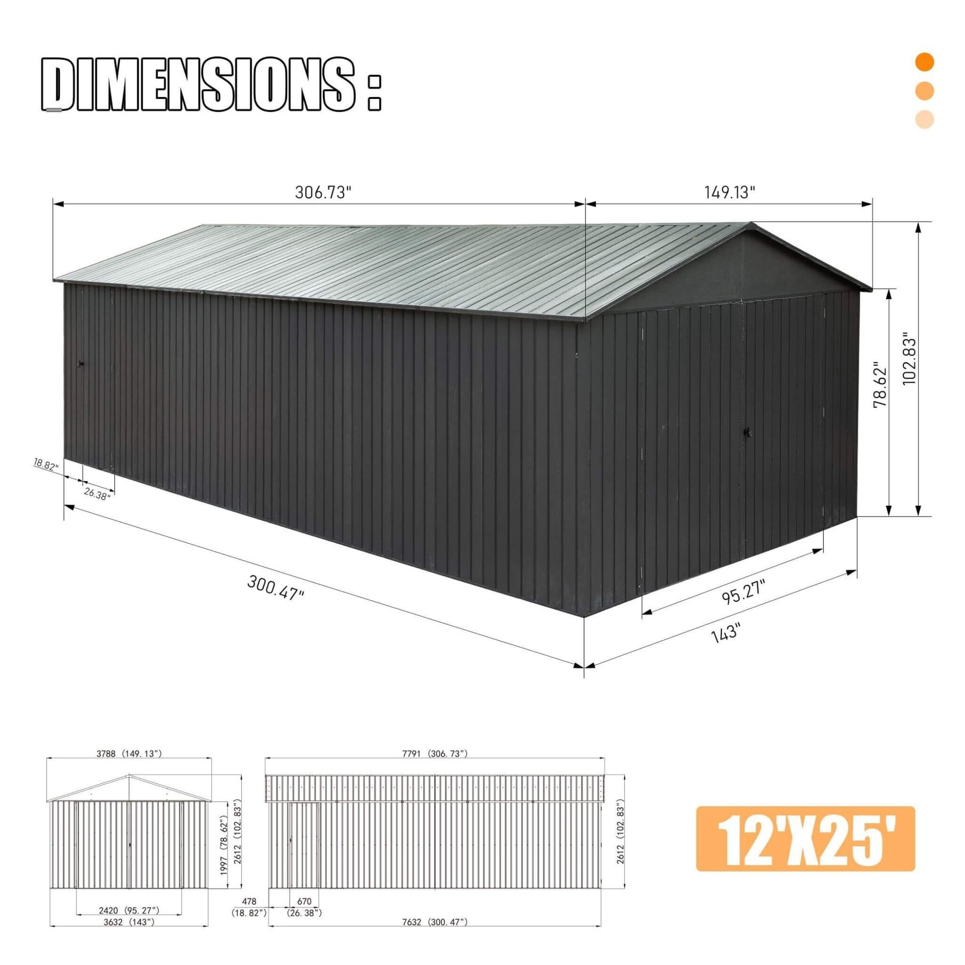 [12X25FT] Extra-Large Heavy-Duty Outdoor Metal Carport Garage Shed With Lockable Double Hinged Doors (SAK34153)