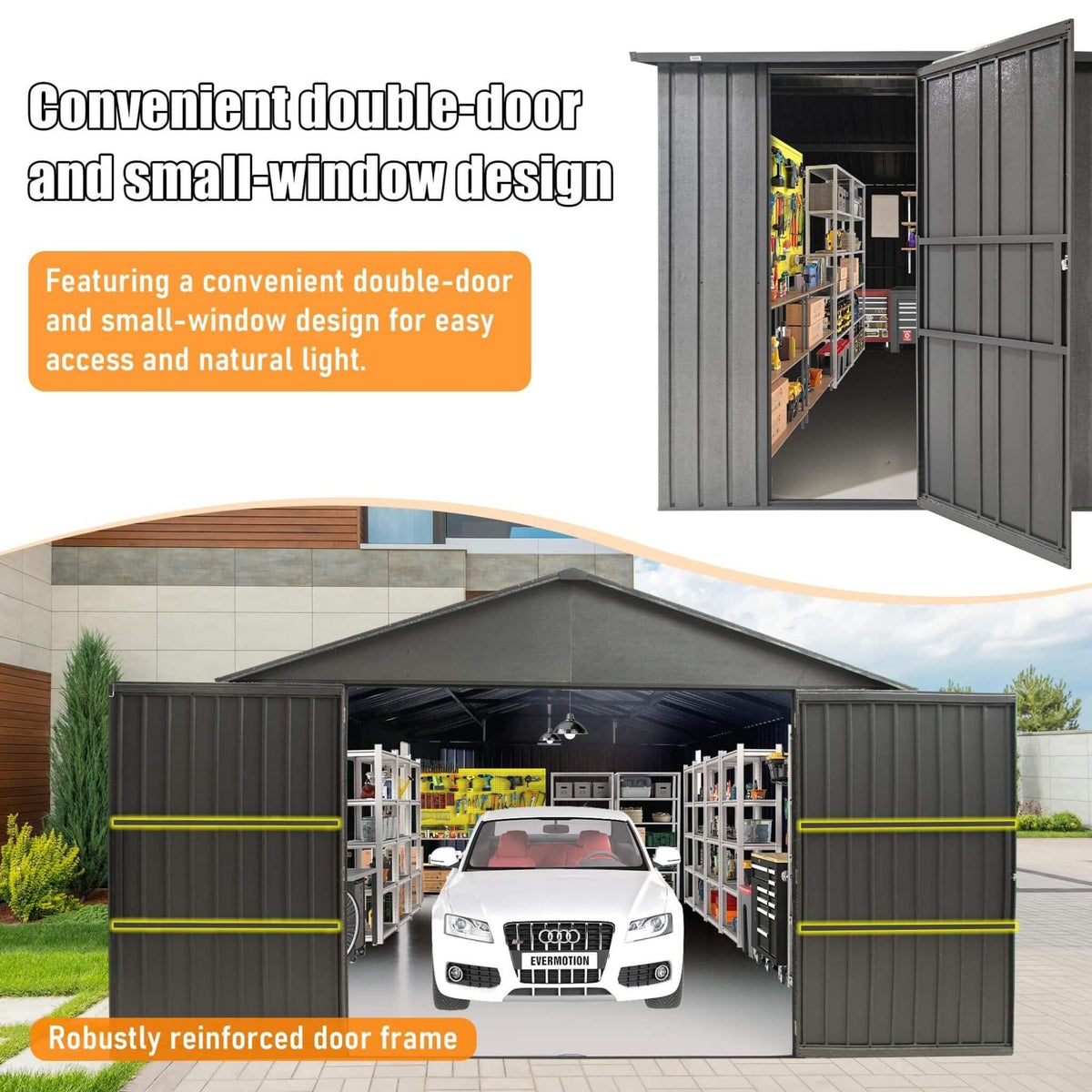 [12X25FT] Extra-Large Heavy-Duty Outdoor Metal Carport Garage Shed With Lockable Double Hinged Doors (SAK34153)