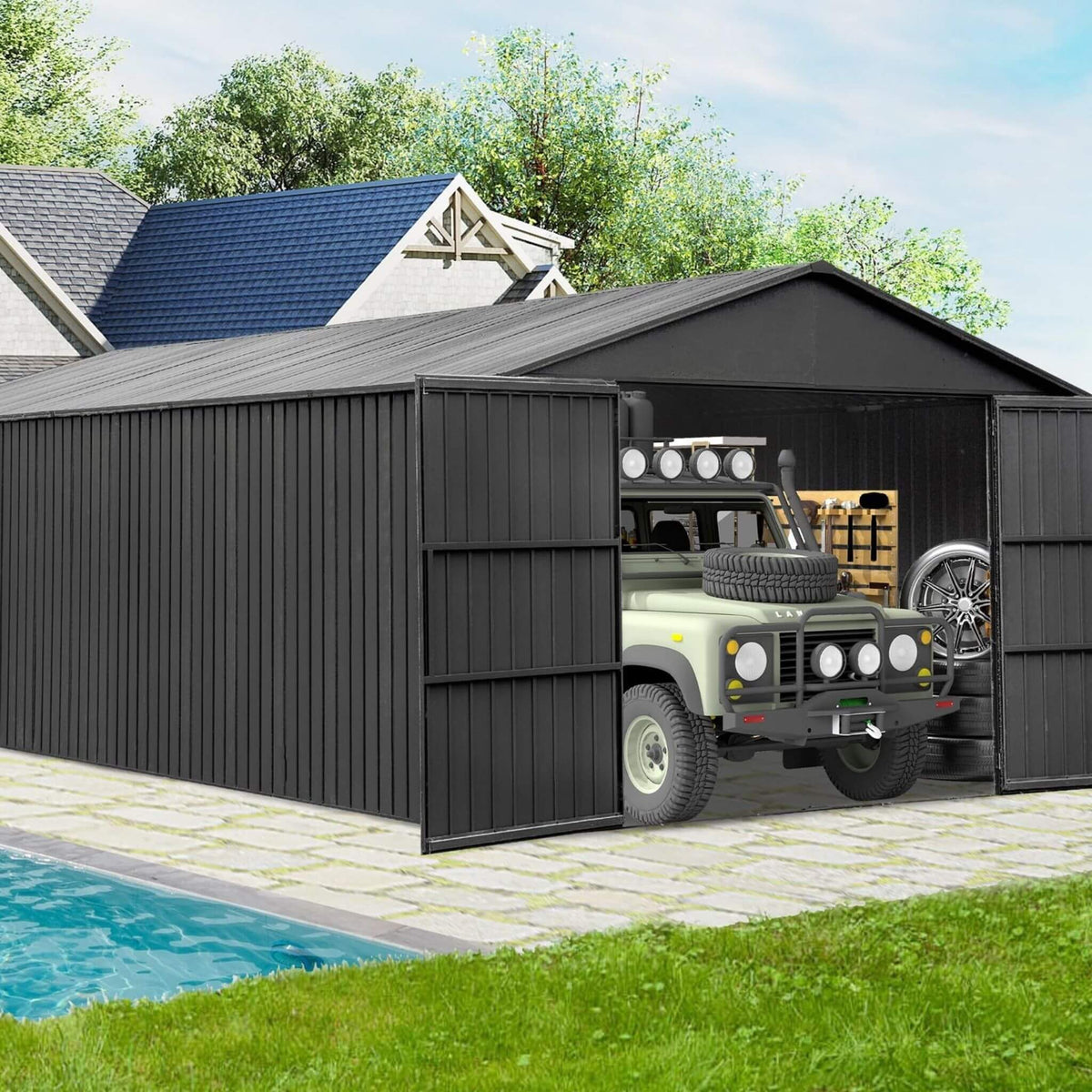 [12X25FT] Extra-Large Heavy-Duty Outdoor Metal Carport Garage Shed With Lockable Double Hinged Doors (SAK34153)