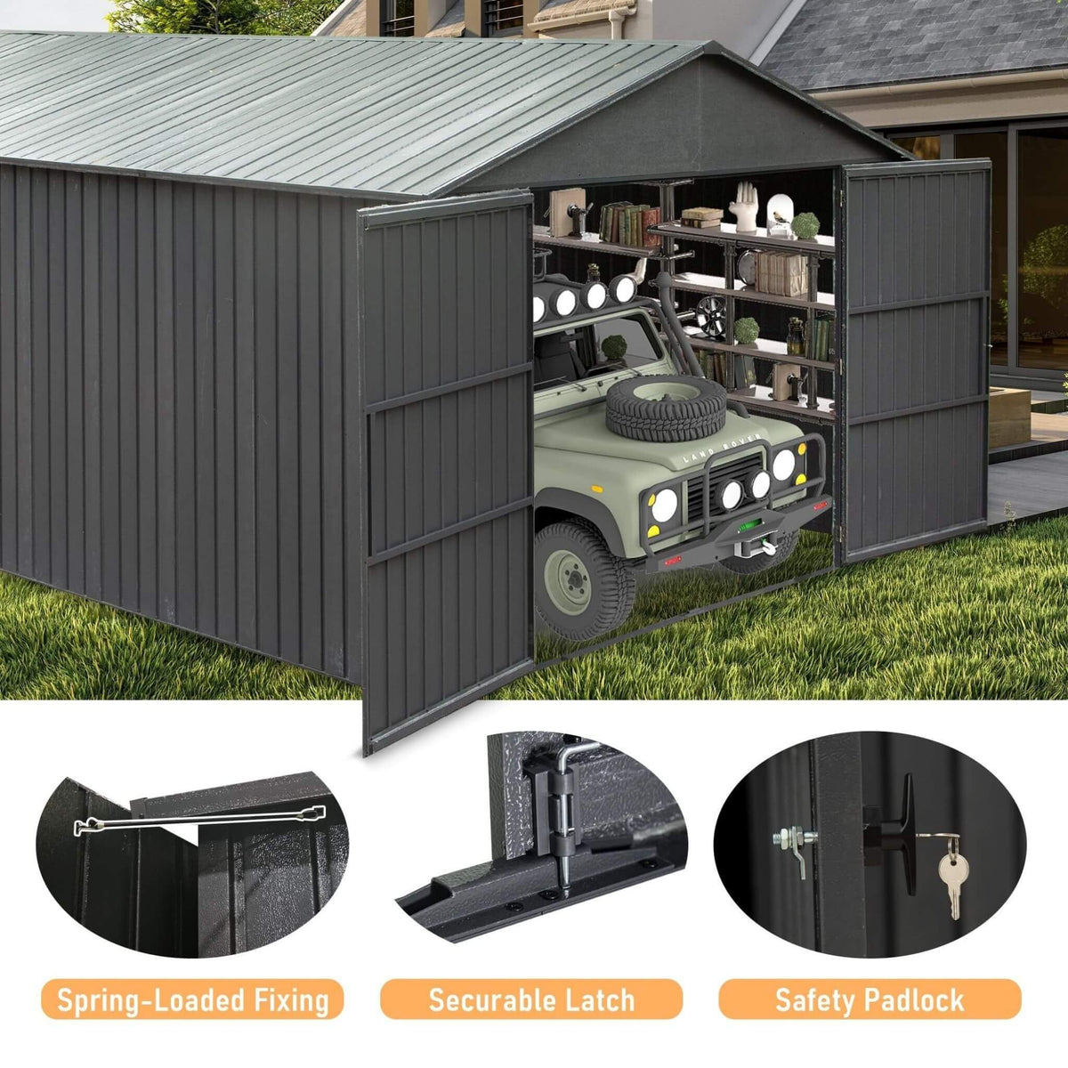 [12X25FT] Extra-Large Heavy-Duty Outdoor Metal Carport Garage Shed With Lockable Double Hinged Doors (SAK34153)