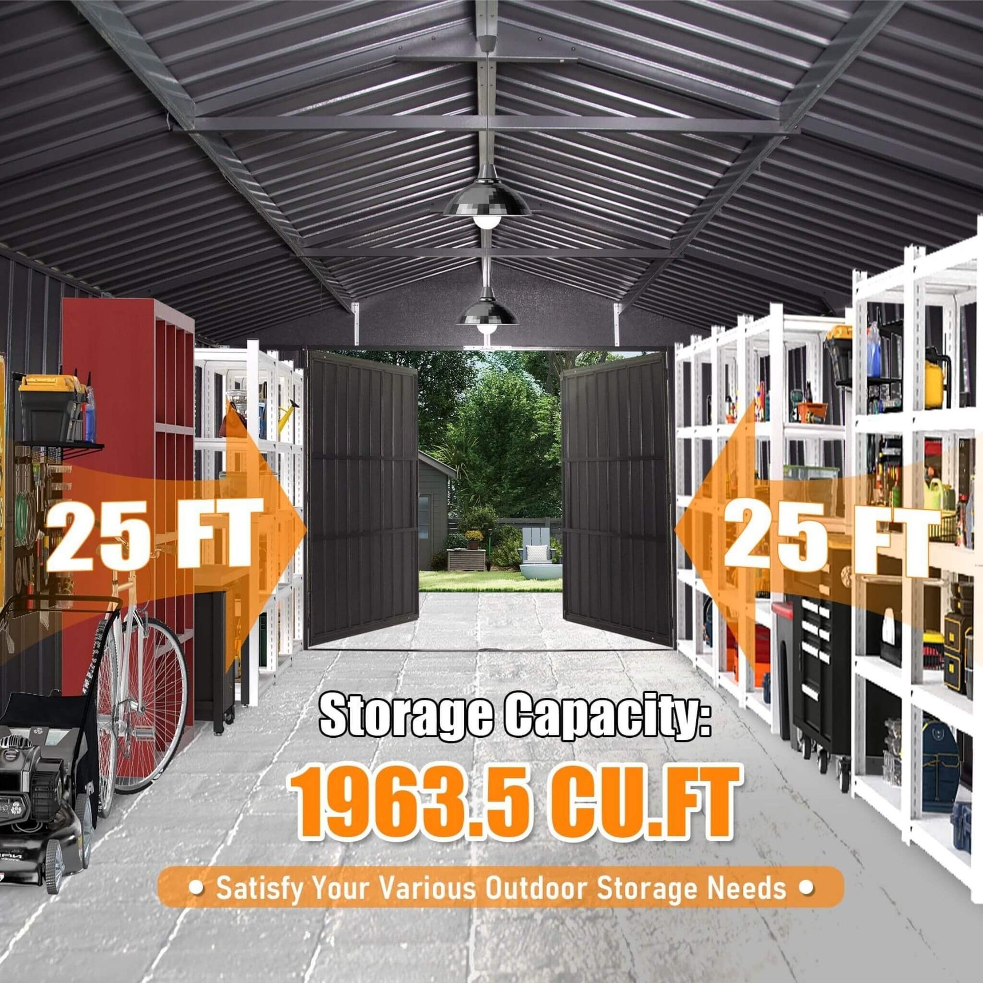 [12X25FT] Extra-Large Heavy-Duty Outdoor Metal Carport Garage Shed With Lockable Double Hinged Doors (SAK34153)
