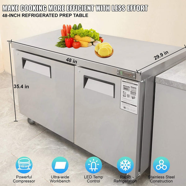 12.9 Cu.Ft 2-Door Commercial Stainless Steel Worktop Undercounter Refrigerator, 48