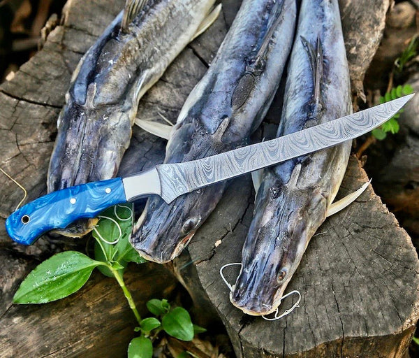 Custom Handmade 13-Inch Damascus Steel Fillet Knife Blank with Resin Handle – Premium Leather Sheath