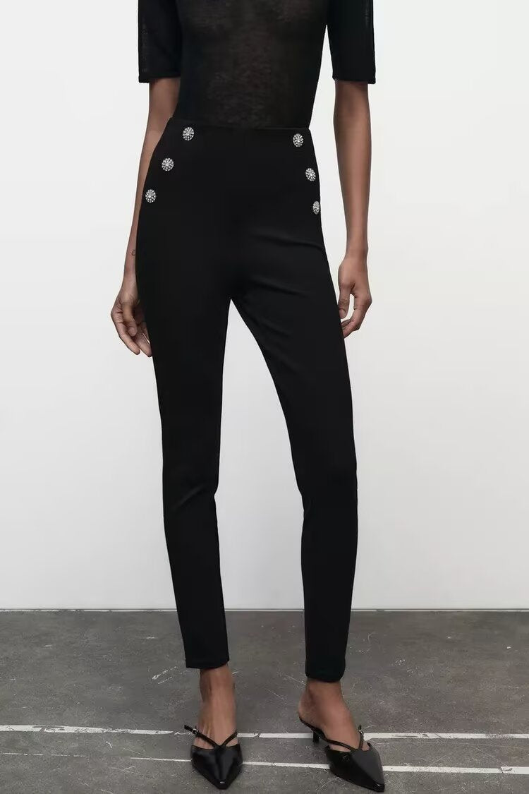 Autumn Women Clothing Jewelry Decorated Row Button Mid Waist Bottoming Trousers