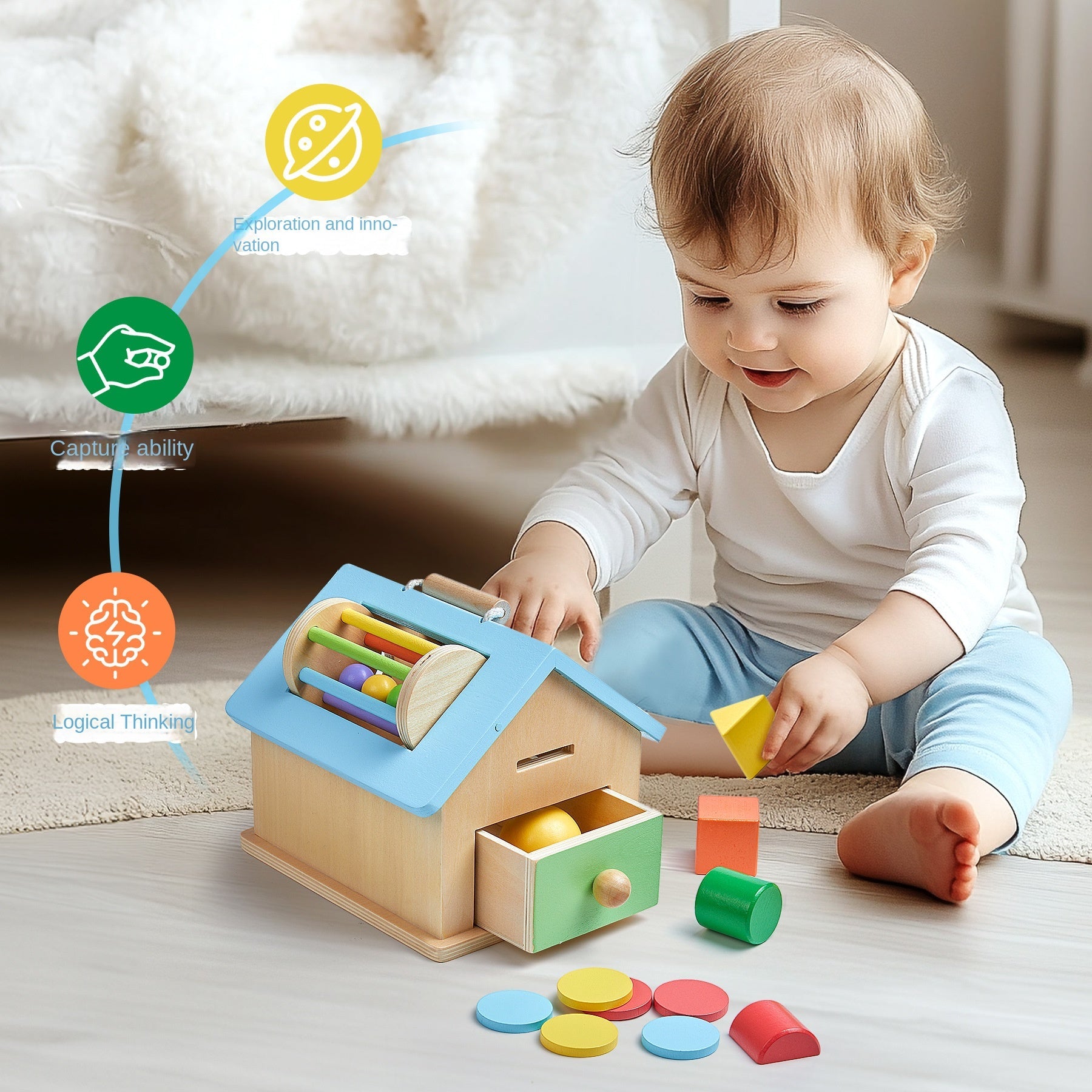 Montessori teaching aids 0-3 baby early education busy house wooden shape matching house drawer box puzzle toy