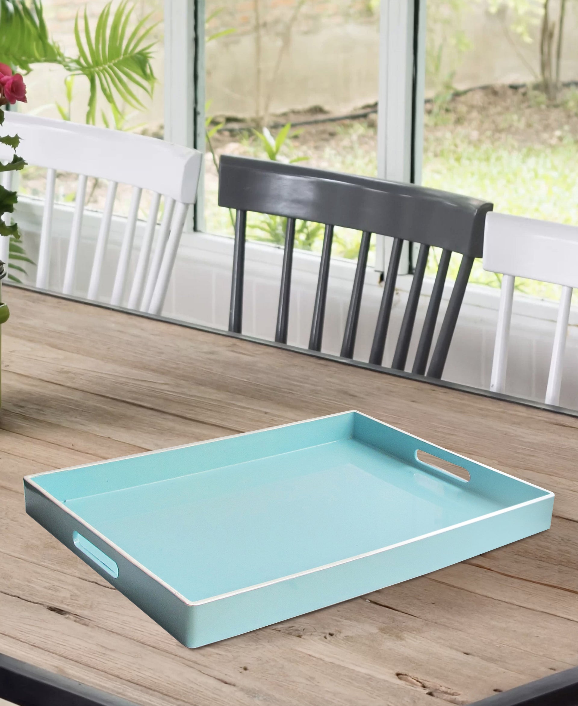 Teal Rectangular Tray with Handles - 19x14