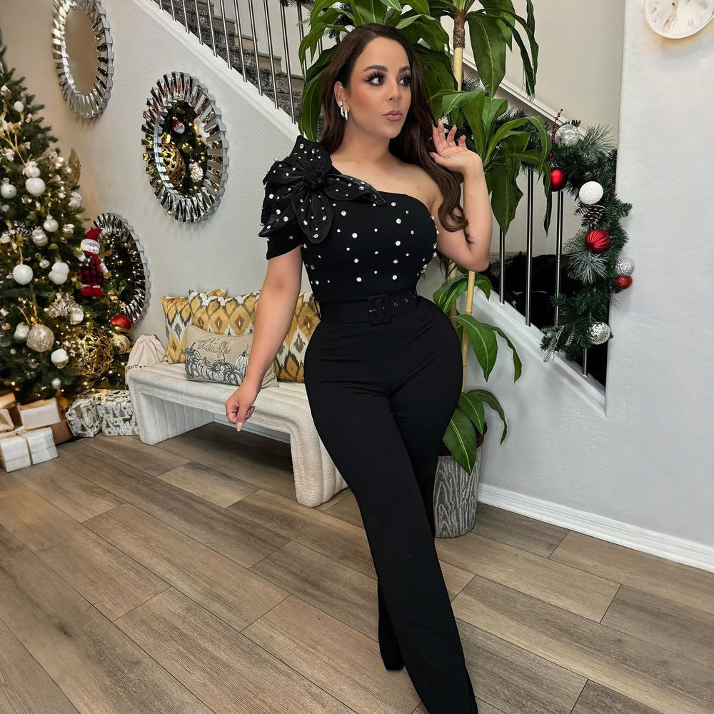 Sleeveless One-Piece Pants - European and American Style Off-the-Shoulder Short Sleeve Slim Fit