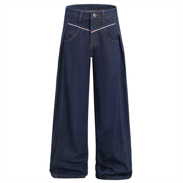 American High Street Design Denim Wide Leg Long Pants Men's Vibe Trendy Side Pleated Loose Casual Trousers