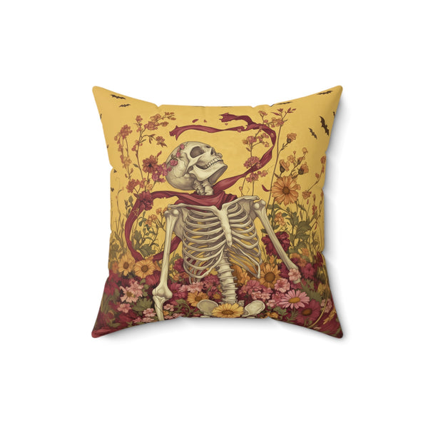 Microsuede Cushion / Halloween Art / Sunny Yellow Boho Skeleton