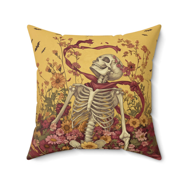 Microsuede Cushion / Halloween Art / Sunny Yellow Boho Skeleton