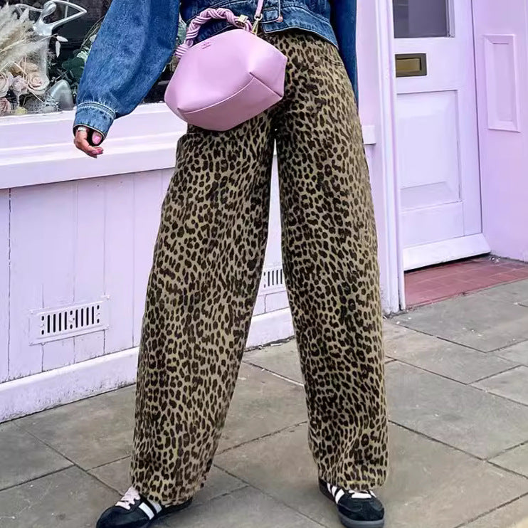 American retro leopard print casual pants with high waist design niche fashion loose and wide leg pants